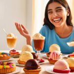 A women enjoying sweet dishes.